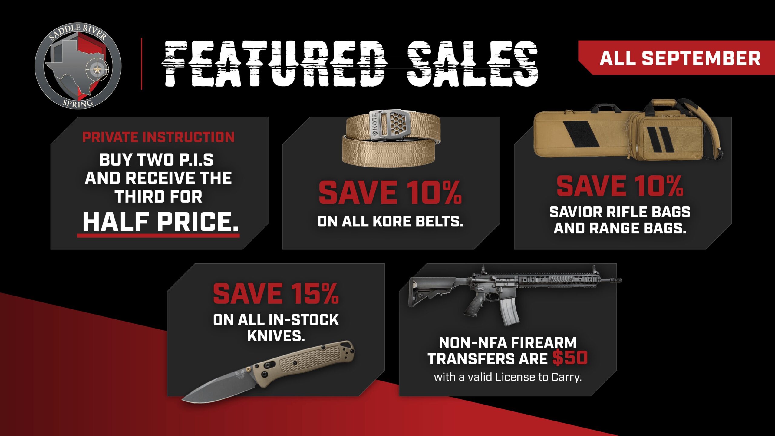 Private Instruction, Kore Belts, Range Bag, Knife, Transfers